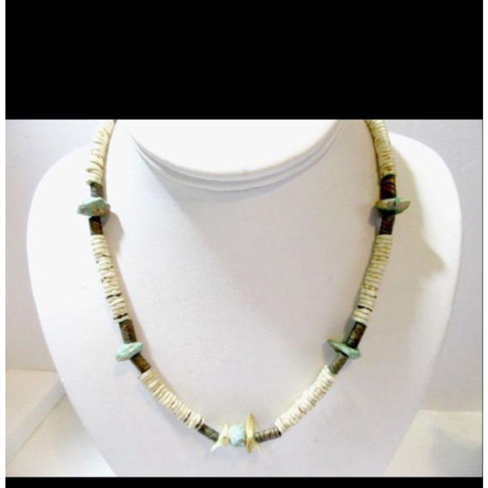 Vintage Boho Surfer Bone Turquoise Beaded Necklace in Cream and Green Unisex
